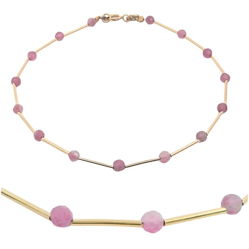 [00137PUR] PULSERA TUBOS CON PIEDRA TURMALINA ROSA SEMIPRECIOSA.17CM