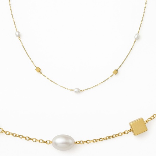 [00132P] GOLD CUBES AND FRESHWATER PEARL NECKLACE