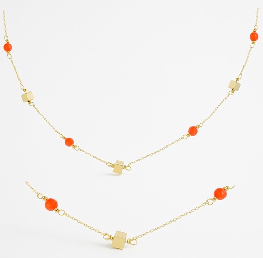 [00132C] GOLD CUBES AND CORAL REEF BALLS NECKLACE