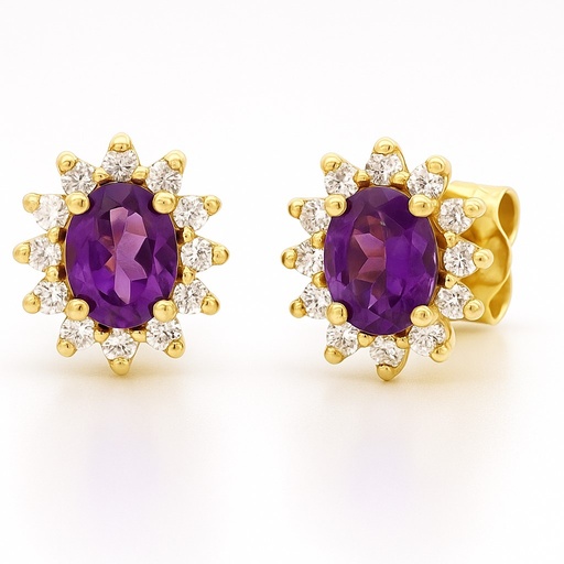 [5962AM] 4x3MM AMETHYST AND CZ STUD EARRINGS
