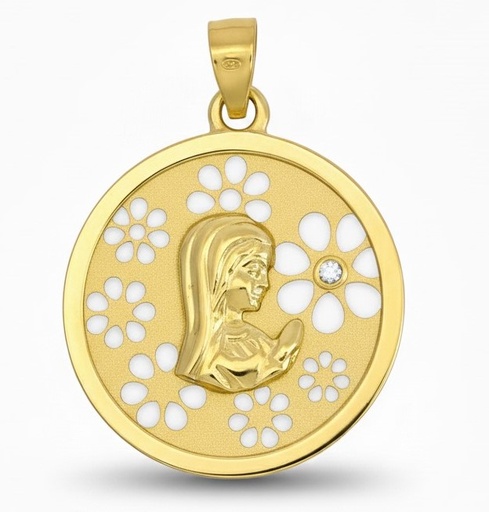 [9K5949] MEDALLA VIRGEN NIÑA REDONDA SATINADA CON FLORES CALADAS 20 MM 9K