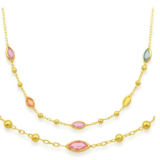 [00179] GOLD BALLS AND COLORED MARQUISE CZ NECKLACE.45CM