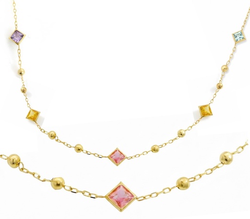 [00180] COLORED CZ AND GOLD BALLS NECKLACE.45CM
