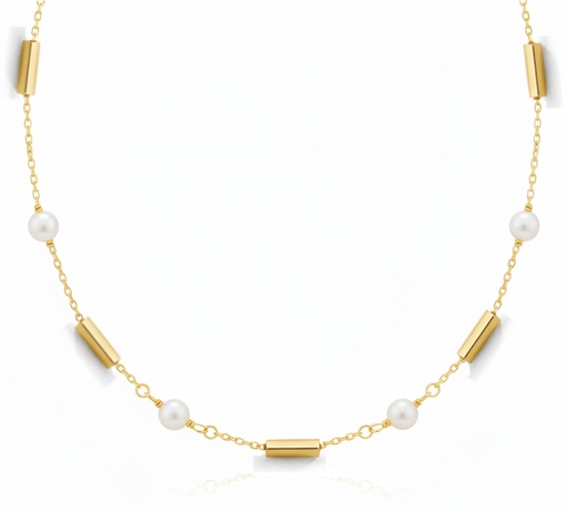 [9K0035] 4MM FRESHWATER PEARLS AND GOLD TUBES NECKLACE.9 KARAT