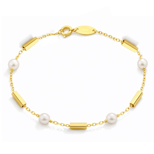 [9K0035PU] PULSERA TUBOS Y PERLAS.17CM.9KILATES