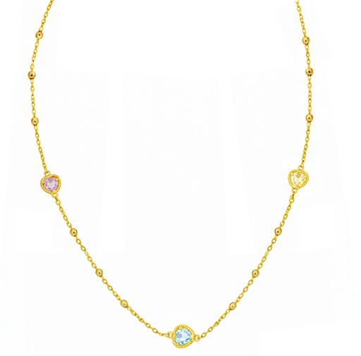 [9K0036] HEART COLORED CZ AND GOLD BALLS NECKLACE.9 KARAT