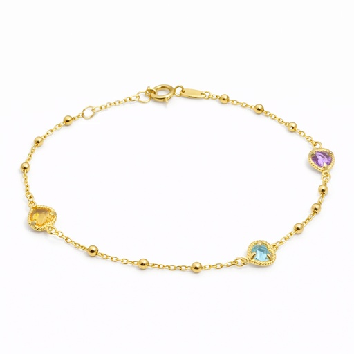 [9K0036PU] PULSERA 3 CORAZONES CIRCONITA DE COLOR Y BOLAS .17CM.9KILATES