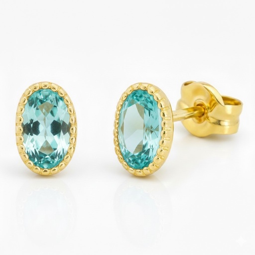 [9K0058A] PENDIENTES OVAL 6x4MM COLOR AGUAMARINA.9 KILATES