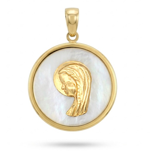 [9K0080] 16MM ROUND MOTHER OF PEARL VIRGIN MEDAL.9 KARAT