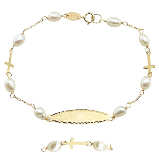 [9001/28] PULSERA COMUNION CON CHAPA ,PERLAS Y CRUCES. Perla Cultivada