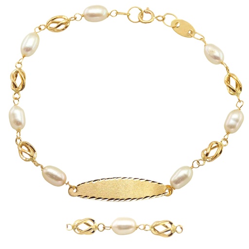 [9001/19] PULSERA COMUNION CON CHAPA,PERLAS CIRCONITAS Y JAULAS. Perla Cultivada