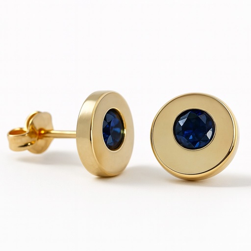 [5620Z] 9MM ROUND STUD EARRINGS WITH NANO SAPPHIRE.BUTTERFLY CLASP.