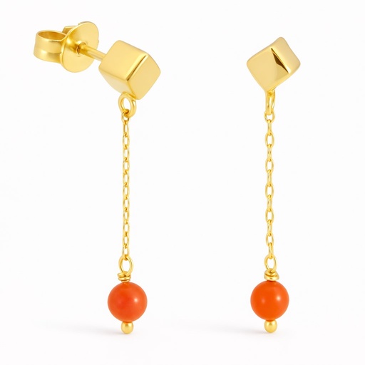 [00130PC] PENDIENTES CUBO Y BOLAS DE CORAL NATURAL