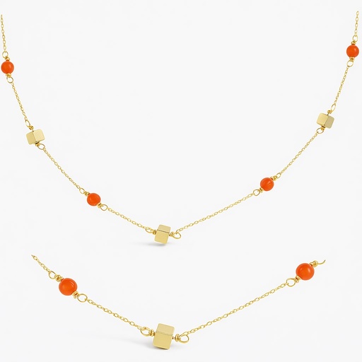 [00132C] GOLD CUBES AND CORAL REEF BALLS NECKLACE