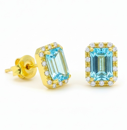 [00194A] PENDIENTES OCTOGONO 5x3 AGUA MARINA SEMIPRECIOSA 7MM.PRESION