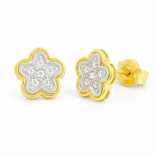 [9K0051] PENDIENTES FLOR BICOLOR. 6MM.PRESION 9KILATES