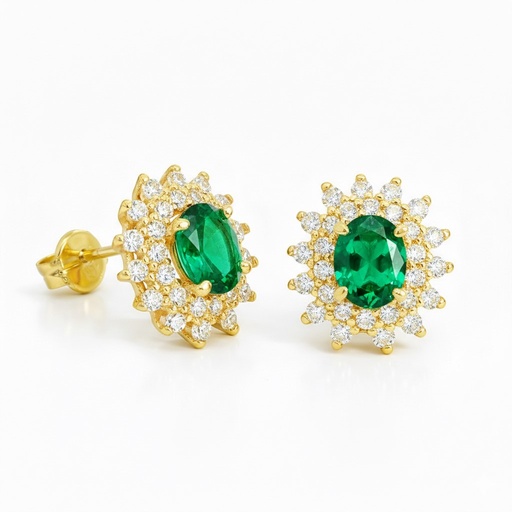 [9K0041PE] PENDIENTES CUAJO CIRCONITAS Y NANO ESMERALDA DE 5x4MM.9 KILATES