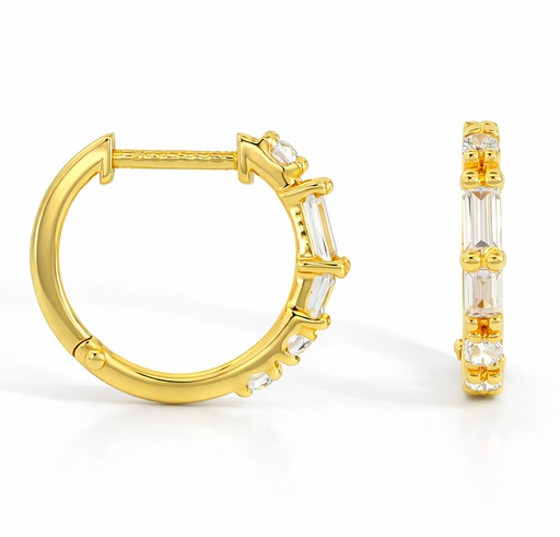 [9K0077] 12 MM 9 KARAT GOLD BAGETTE CZ HUGGIES HOOP EARRINGS