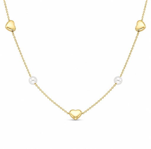 [9K0091] GARGANTILLA 2 PERLAS Y 3 CORAZONES .9KILATES