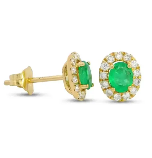 [B4187PE] 5x4MM(0.51 CT TW ) OVAL EMERALD STUD EARRINGS  WITH SI-H DIAMONDS(0.16 CT TW)