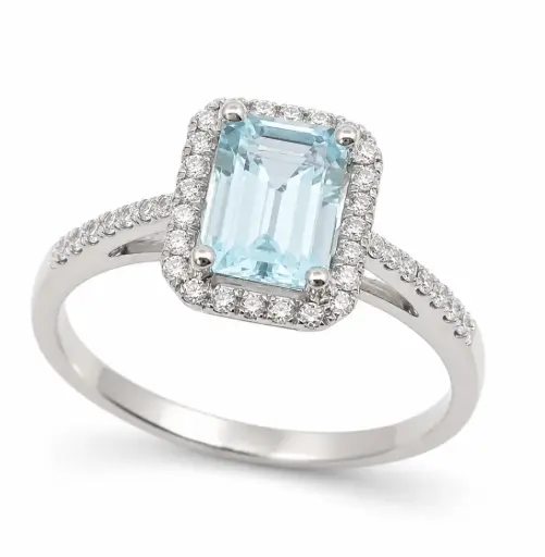 [B4234S/0.18] SORTIJA AGUAMARINA 7x5MM (1.10 CT) Y  BRILLANTES DI 38 RD VSI H 0.18  CT TW