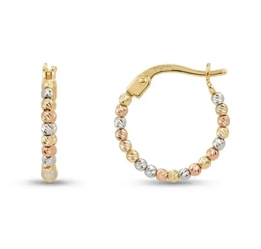 [9K0114] 9 KARAT TRICOLOR GOLD CARVED BALLS HOOP EARRINGS