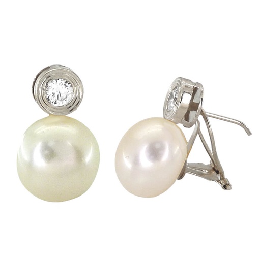 [2314/OB] PENDIENTES CHATON ORO BLANCO 7.5MM Y PERLA DE 12MM.OMEGA Perla Cultivada