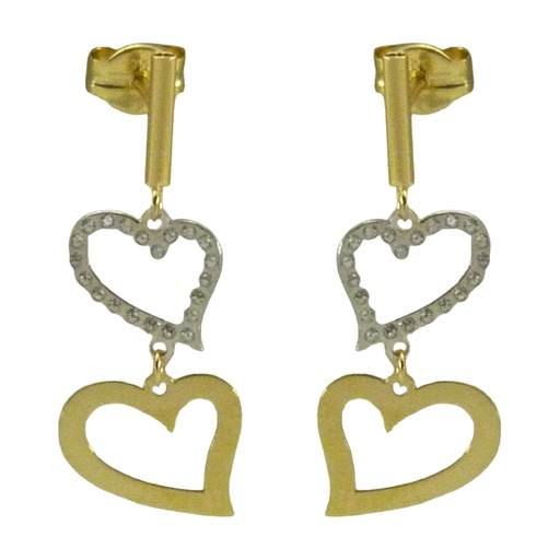 [5123] PENDIENTES BICOLOR DOBLE CORAZON Y CIRCONITAS. 24MM.PRESION