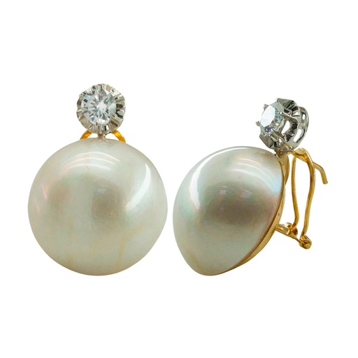 [6013/2B] 10/11 MM MABE PEARL EARRINGS WITH CZ.OMEGA BACK.