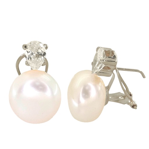 [2313/OB] PENDIENTES LAGRIMA 7MM Y PERLA BOTON 10MM.ORO BLANCO.OMEGA. Perla Cultivada