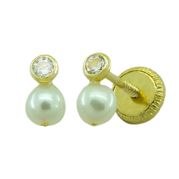 [6820] 3MM PEARL AND 2MM BEZEL CZ EARRINGS.SCREW BACK.