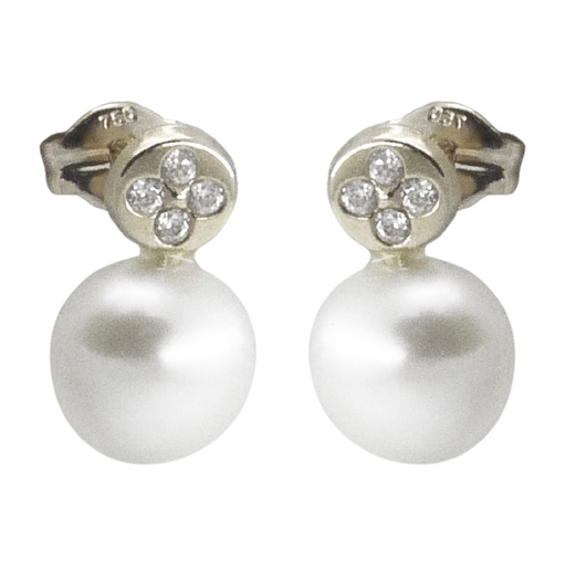 [2322B] PENDIENTES REDONDOS ORO BLANCO.PERLA BOTON 7.5MM.PRESION.