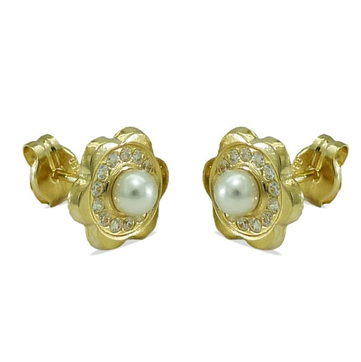 [2821] FRESHWATER PEARL AND CZ FLOWER STUD EARRINGS