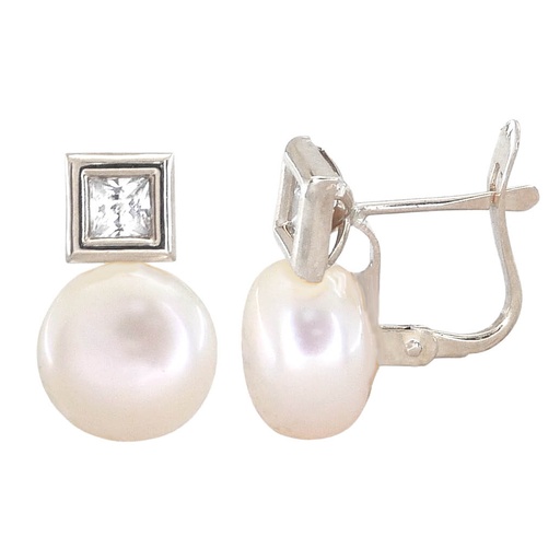[2315B] PENDIENTES ORO BLANCO CUADRADOS 6MM Y PERLA BOTON DE 10MM CATALAN Perla Cultivada
