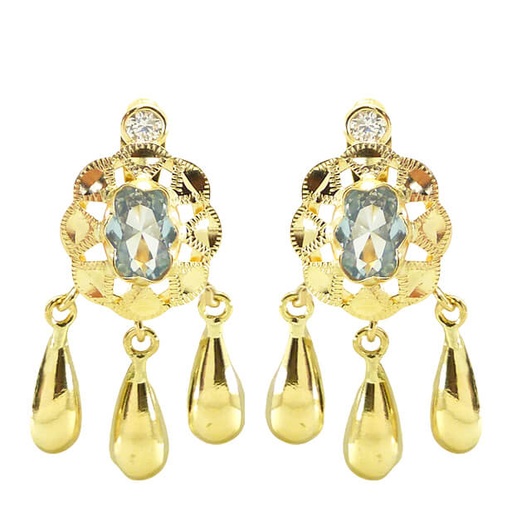 [7921A] PENDIENTES CUBANA PIEDRA 6x4MM COLOR AGUAMARINA Y 3 LAGRIMAS.CATALAN.20MM.