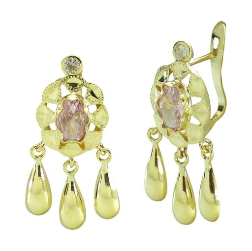 [7921R] PENDIENTES CUBANA PIEDRA 6x4MM COLOR ROSA Y 3 LAGRIMAS.CATALAN.20MM.