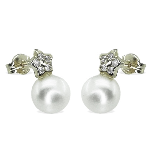[2793B] PENDIENTES ESTRELLA Y PERLA BOTON DE 7'5MM.ORO BLANCO.PRESION 